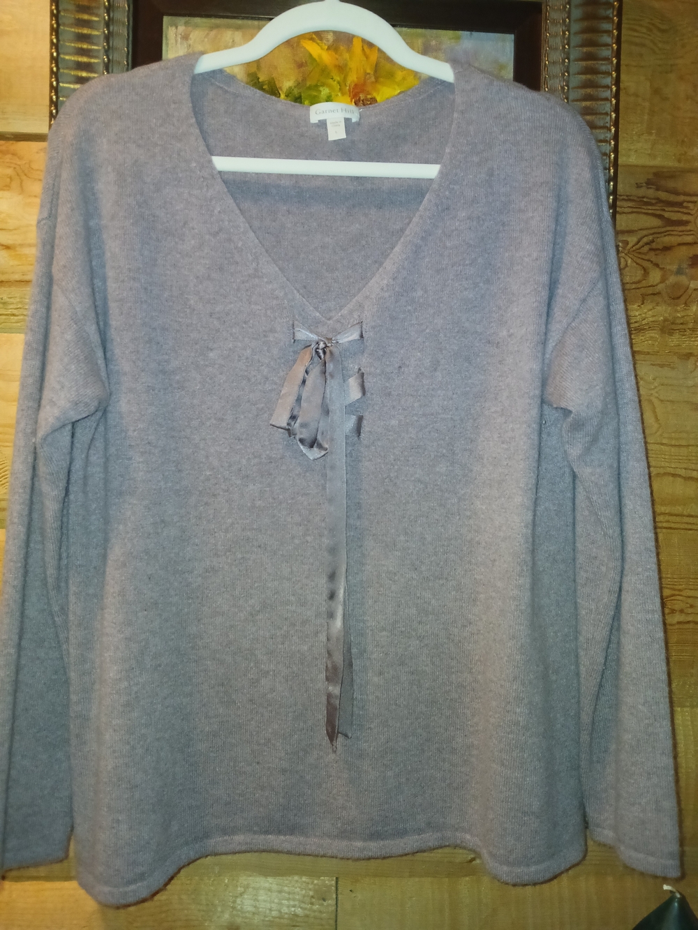 Garnet Hill V-Neck Ribbon-Tie Sweater in Soft Mauve-Gray